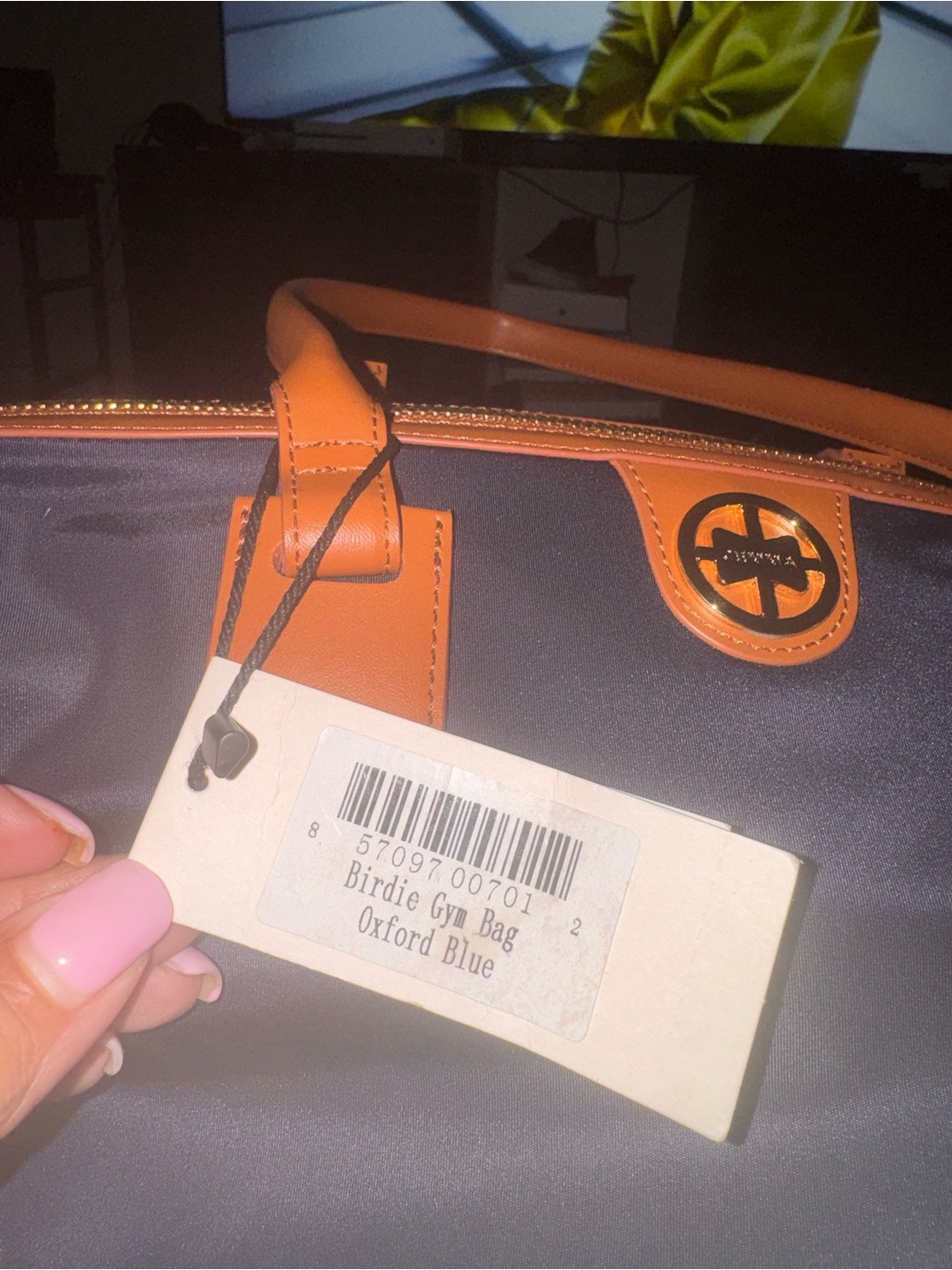 Birdies Oxford Blue JEMMA Travel Bag with Tan Leather Trim NWT